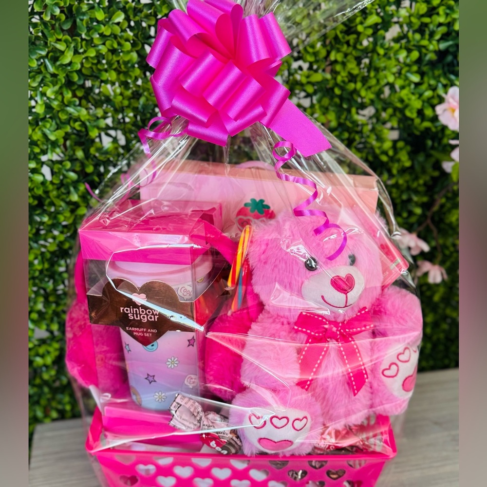 New Valentines Pink Teddy Bear Plush Gift Basket